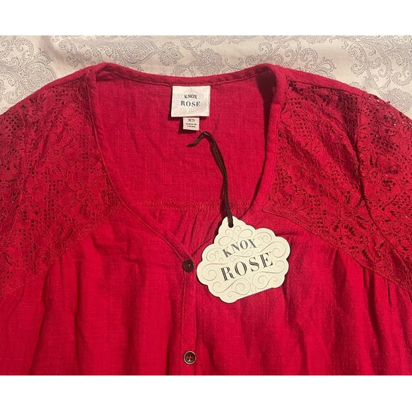 NWT KNOX ROSE RED BOHO BLOUSE-SIZE XS PEASANT STYLE TIE WAIST LACE ACCENTS - Picture 2 of 9